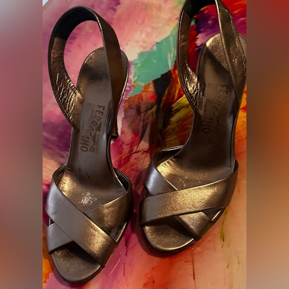 FERRAGAMO Metallic Leather Slingback Heels - Picture 3 of 8